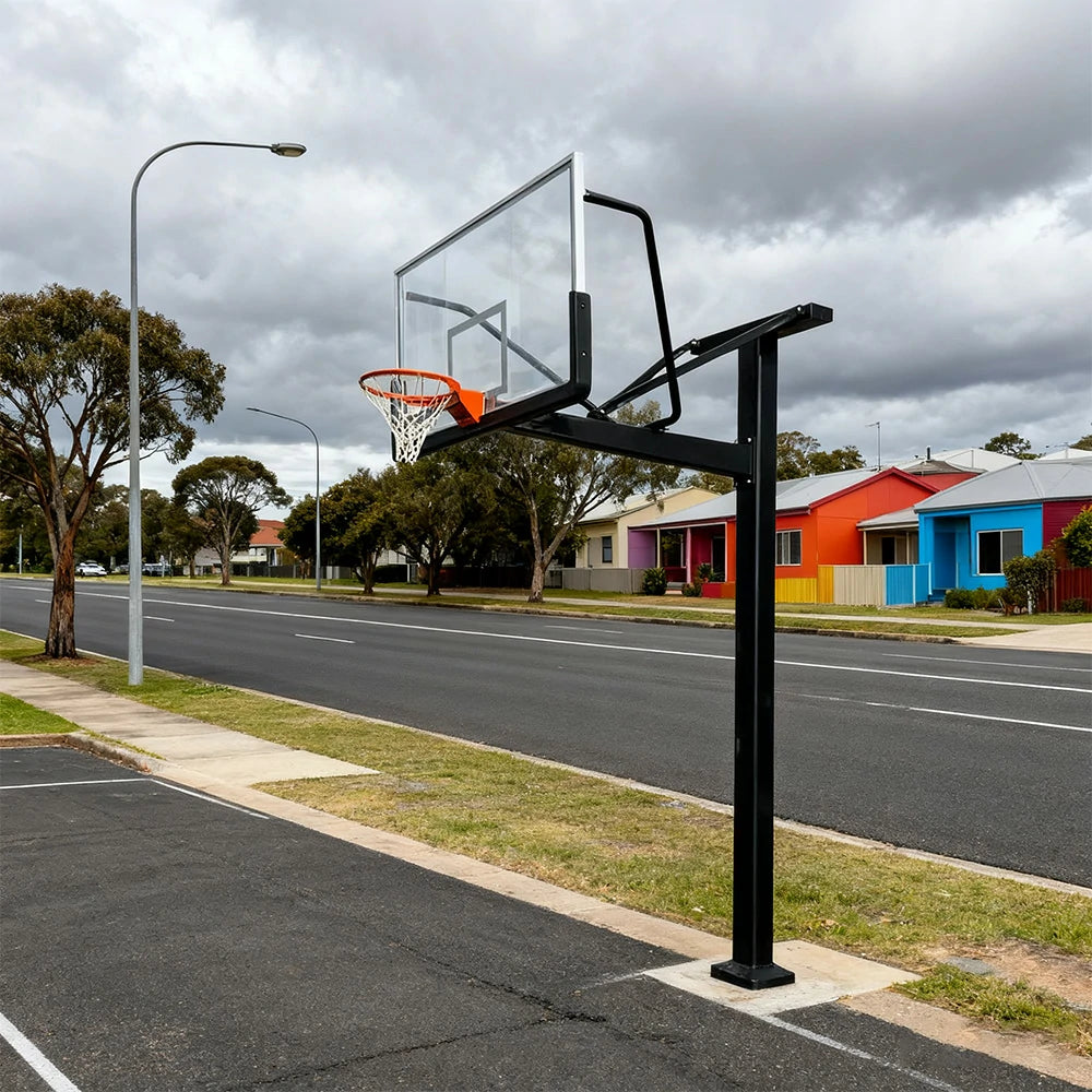 DUNK MASTER In-Ground Basketball Hoop Single Post Design, Tempered Glass Backboard with Aluminium Alloy Frame, 3.05m Rim Height, Heavy-Duty Steel Pole - Black