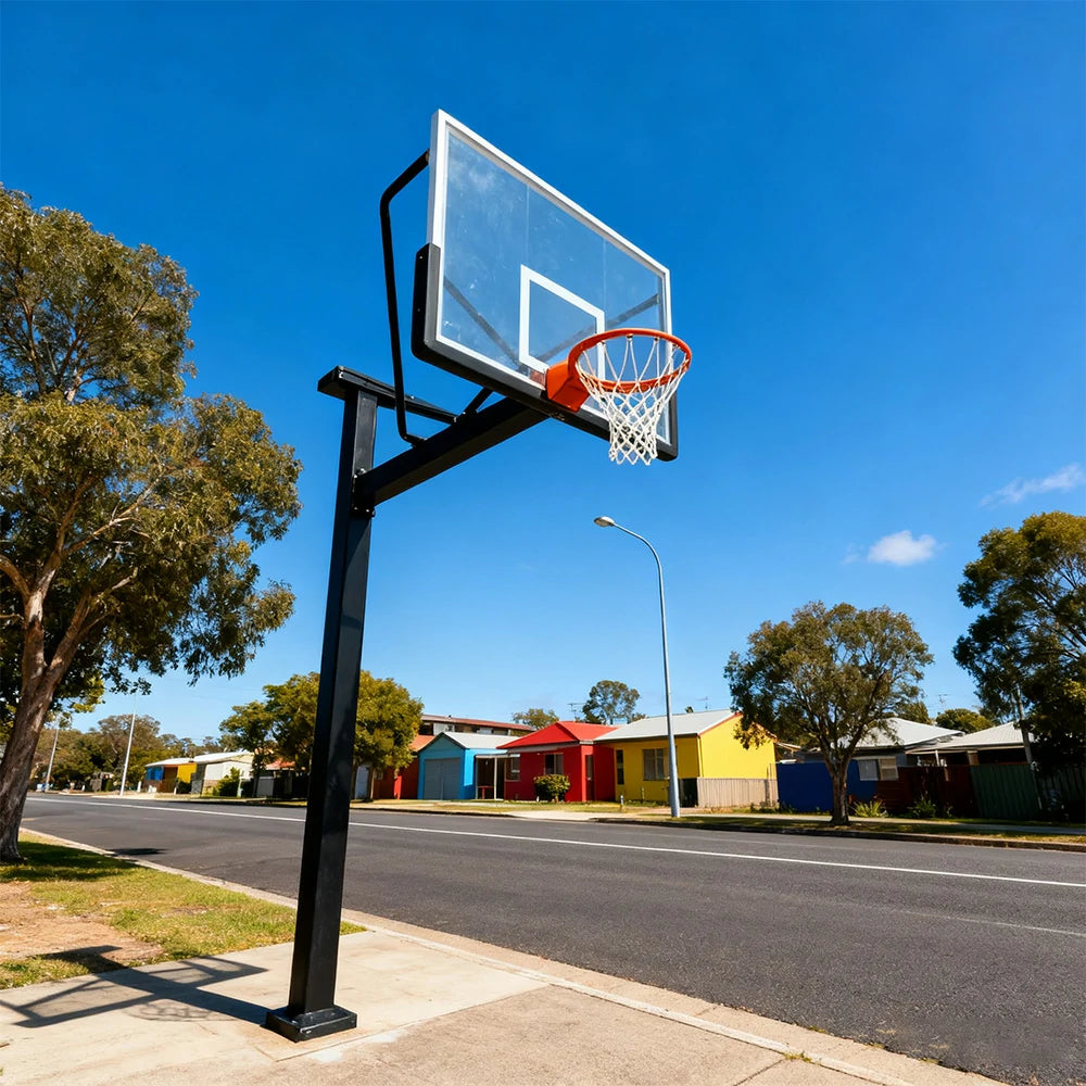 DUNK MASTER In-Ground Basketball Hoop Single Post Design, Tempered Glass Backboard with Aluminium Alloy Frame, 3.05m Rim Height, Heavy-Duty Steel Pole - Black