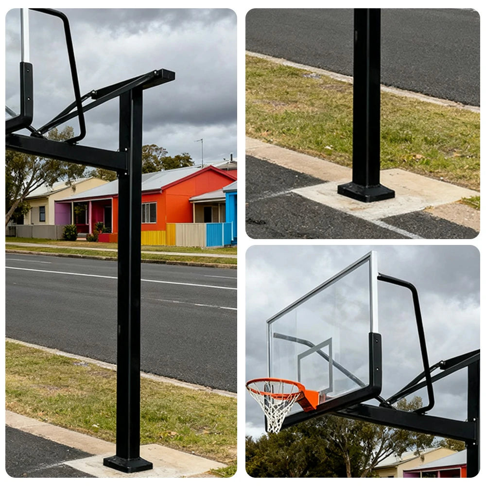 DUNK MASTER In-Ground Basketball Hoop Single Post Design, Tempered Glass Backboard with Aluminium Alloy Frame, 3.05m Rim Height, Heavy-Duty Steel Pole - Black