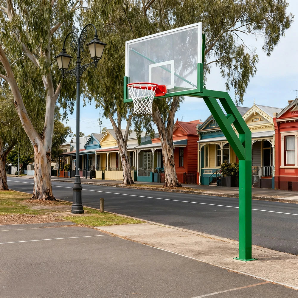 DUNK MASTER In-Ground Basketball Hoop Single Post Design, Tempered Glass Backboard with Aluminium Alloy Frame, 3.05m Rim Height, Heavy-Duty Steel Pole - Green