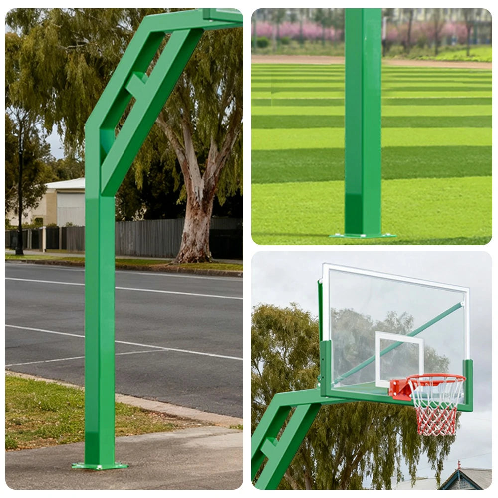 DUNK MASTER In-Ground Basketball Hoop Single Post Design, Tempered Glass Backboard with Aluminium Alloy Frame, 3.05m Rim Height, Heavy-Duty Steel Pole - Green