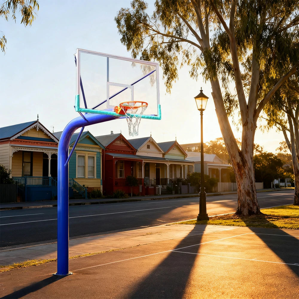 DUNK MASTER In-Ground Basketball Hoop Single Post Design, Tempered Glass Backboard with Aluminium Alloy Frame, 3.05m Rim Height, Heavy-Duty Steel Pole - Blue