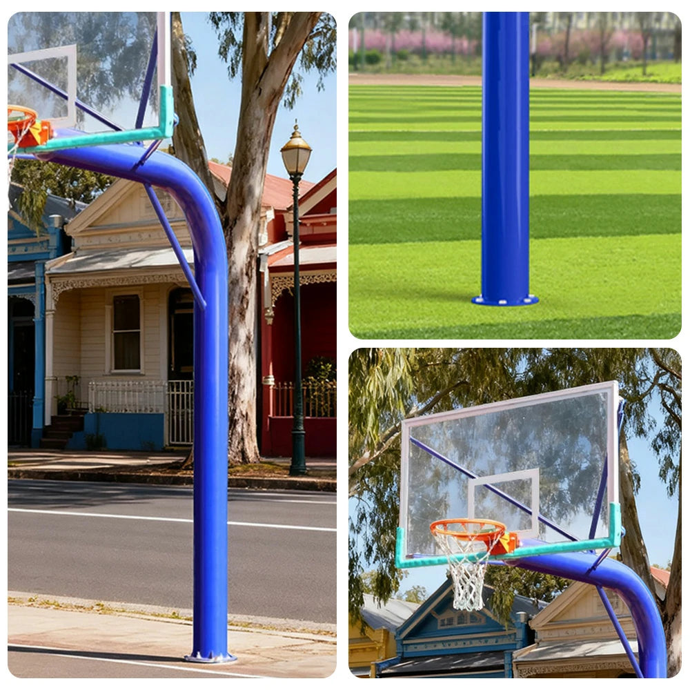 DUNK MASTER In-Ground Basketball Hoop Single Post Design, Tempered Glass Backboard with Aluminium Alloy Frame, 3.05m Rim Height, Heavy-Duty Steel Pole - Blue