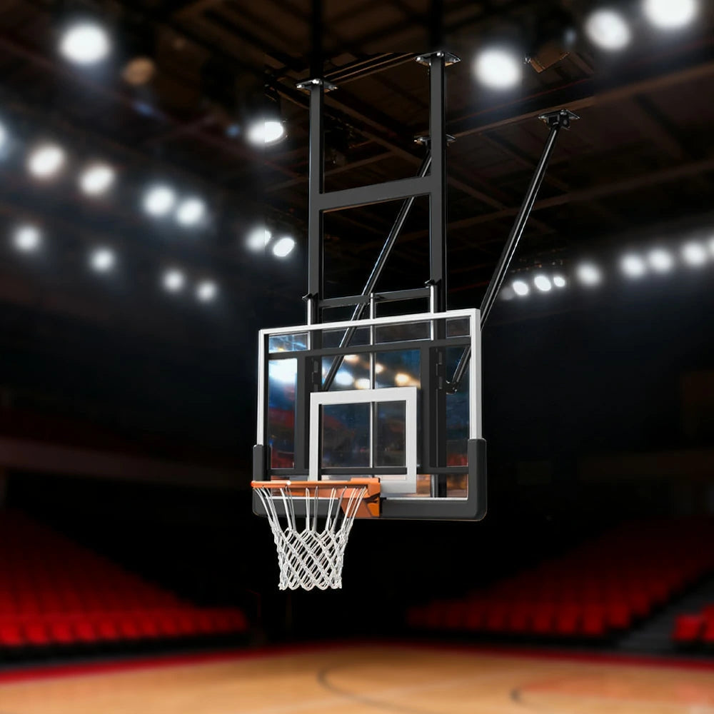 DUNK MASTER Adjustable Ceiling-Mounted Basketball Hoop - 1.2x0.8m Tempered Glass Backboard, Spring Rim, 0.7m Lift, Reinforced Steel, Rust-Resistant