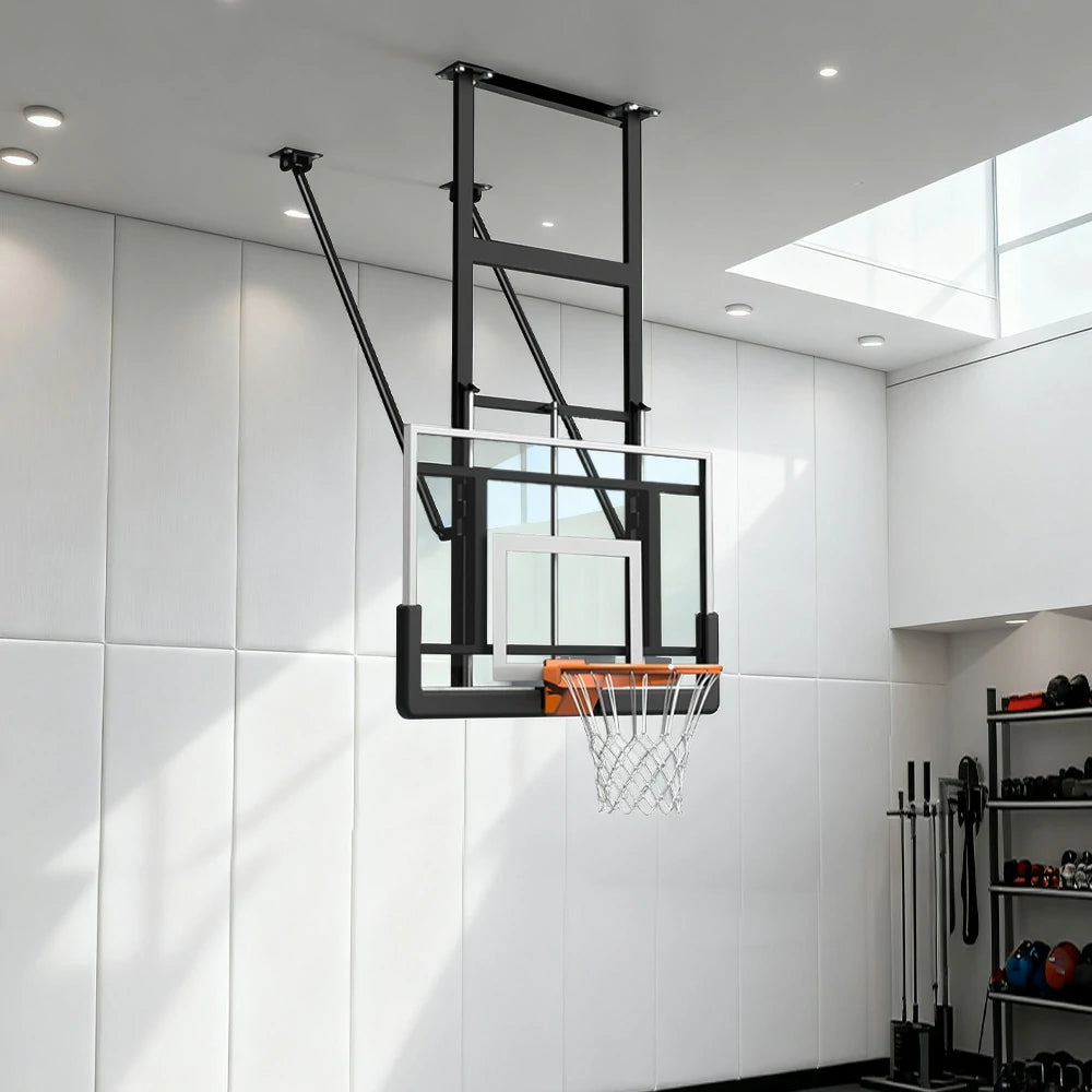 DUNK MASTER Adjustable Ceiling-Mounted Basketball Hoop - 1.2x0.8m Tempered Glass Backboard, Spring Rim, 0.7m Lift, Reinforced Steel, Rust-Resistant