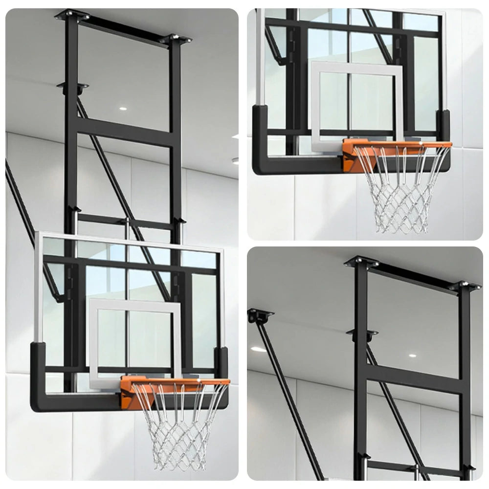 DUNK MASTER Adjustable Ceiling-Mounted Basketball Hoop - 1.2x0.8m Tempered Glass Backboard, Spring Rim, 0.7m Lift, Reinforced Steel, Rust-Resistant