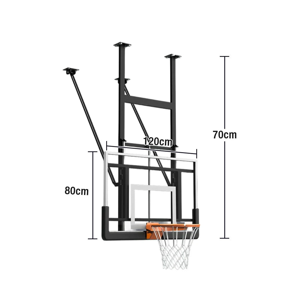 DUNK MASTER Adjustable Ceiling-Mounted Basketball Hoop - 1.2x0.8m Tempered Glass Backboard, Spring Rim, 0.7m Lift, Reinforced Steel, Rust-Resistant