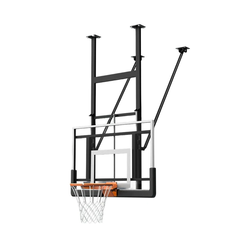 DUNK MASTER Adjustable Ceiling-Mounted Basketball Hoop - 1.2x0.8m Tempered Glass Backboard, Spring Rim, 0.7m Lift, Reinforced Steel, Rust-Resistant
