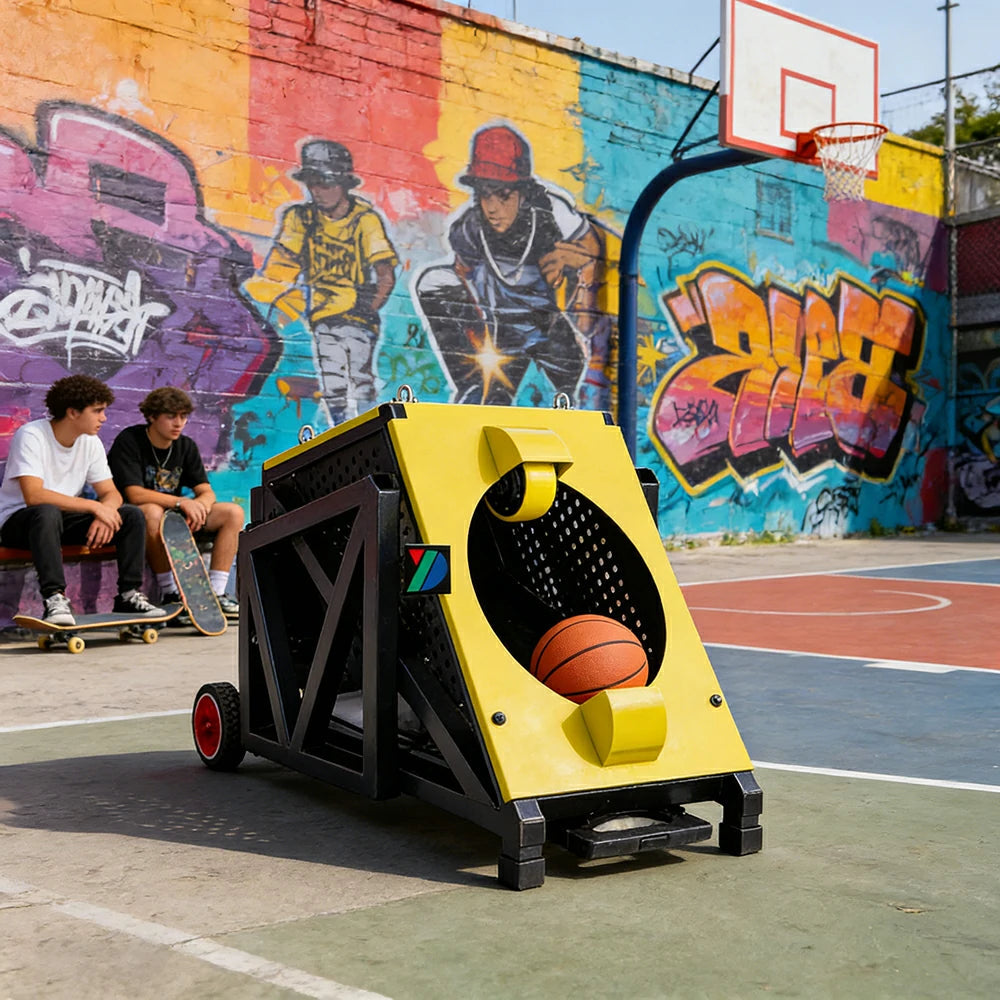 DUNK MASTER Portable Basketball Shooting Machine - Multi-Spot Training, Silicone Tyre Wheels, Professional Training-Grade Rebound System - Yellow