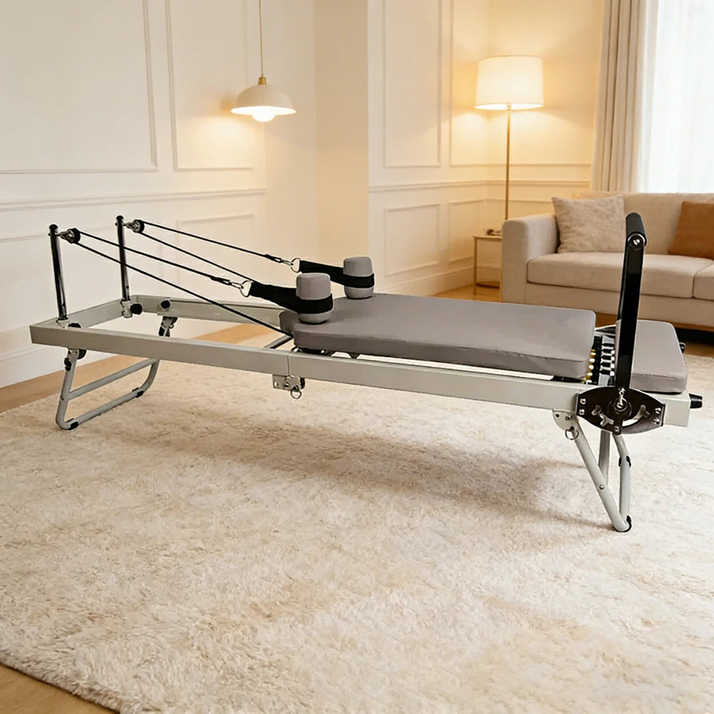 FLEXIO Foldable Steel Frame Pilates Reformer Table - Multi-Purpose Home Gym Pilates Training Equipment Beige