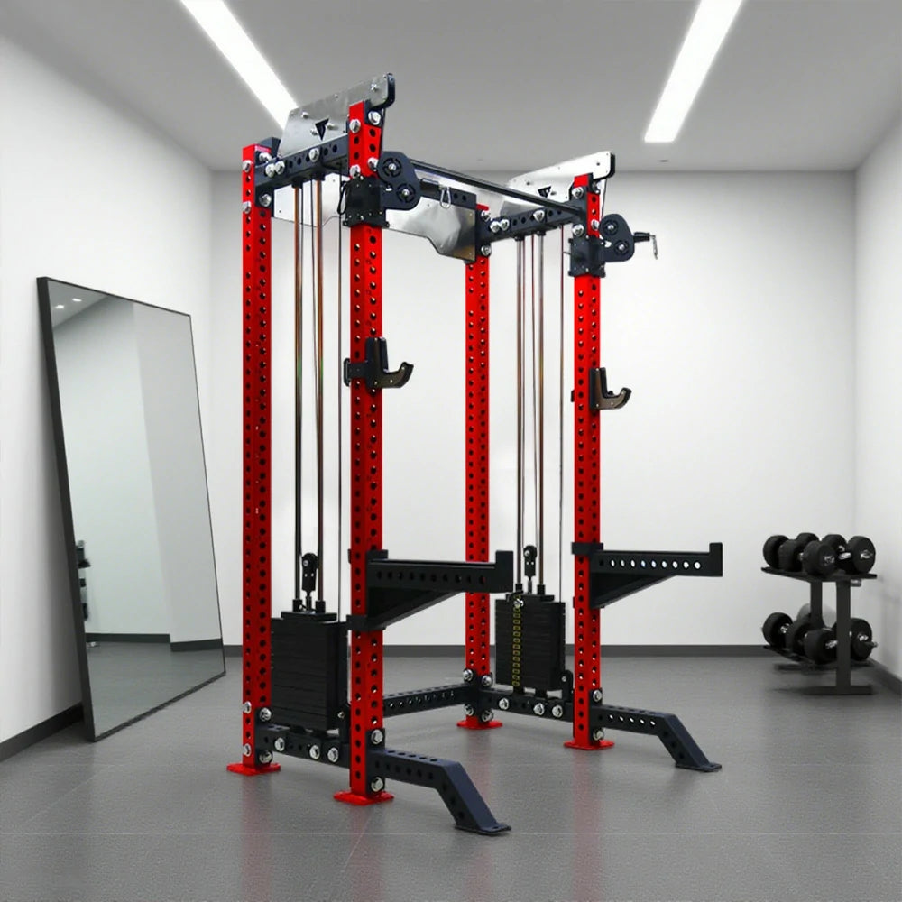 FITPRO Multi-Functional Home Gym Machine - 150kg Pin & Plate Loaded System, Adjustable Fly Handles, Squat Platform - Red