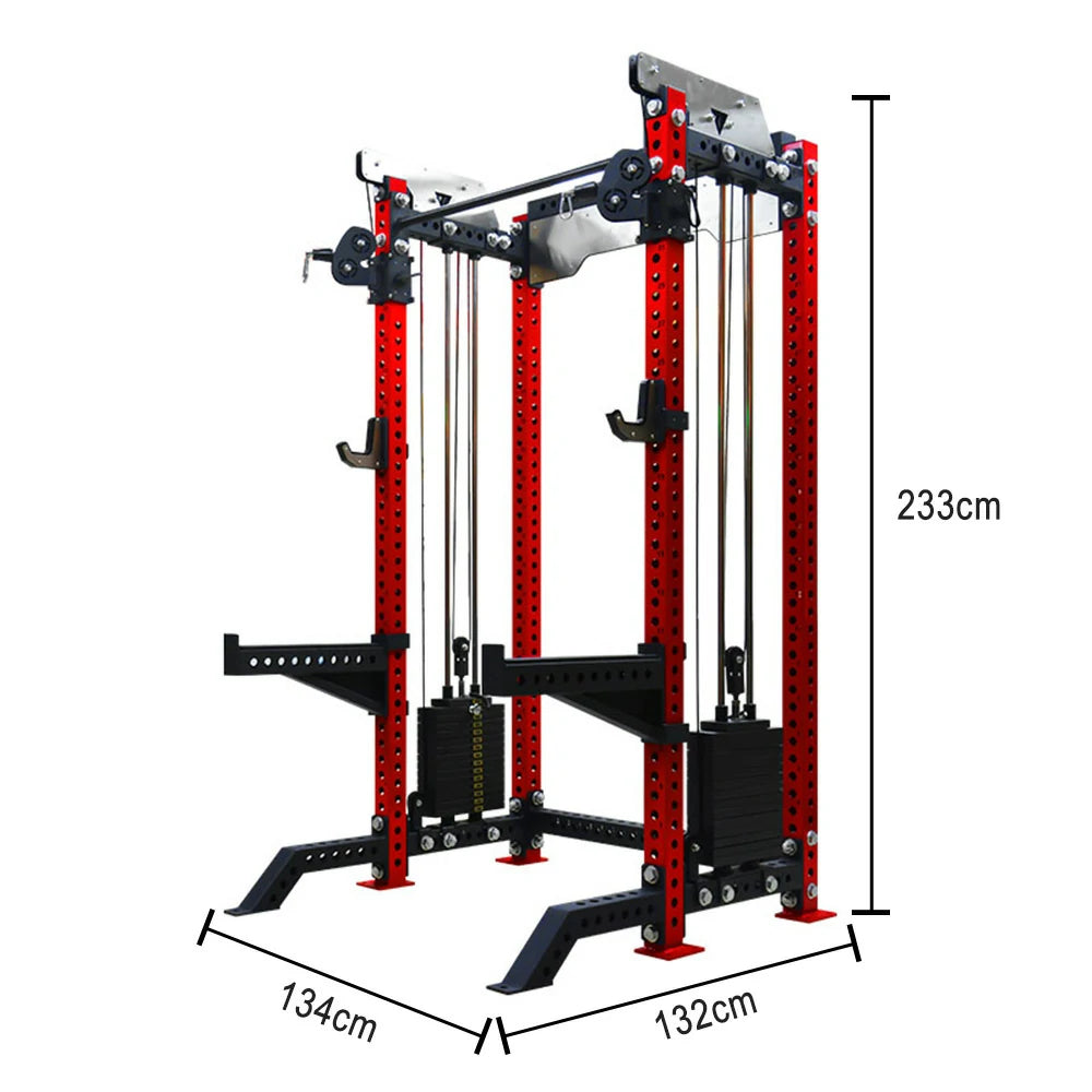 FITPRO Multi-Functional Home Gym Machine - 150kg Pin & Plate Loaded System, Adjustable Fly Handles, Squat Platform - Red