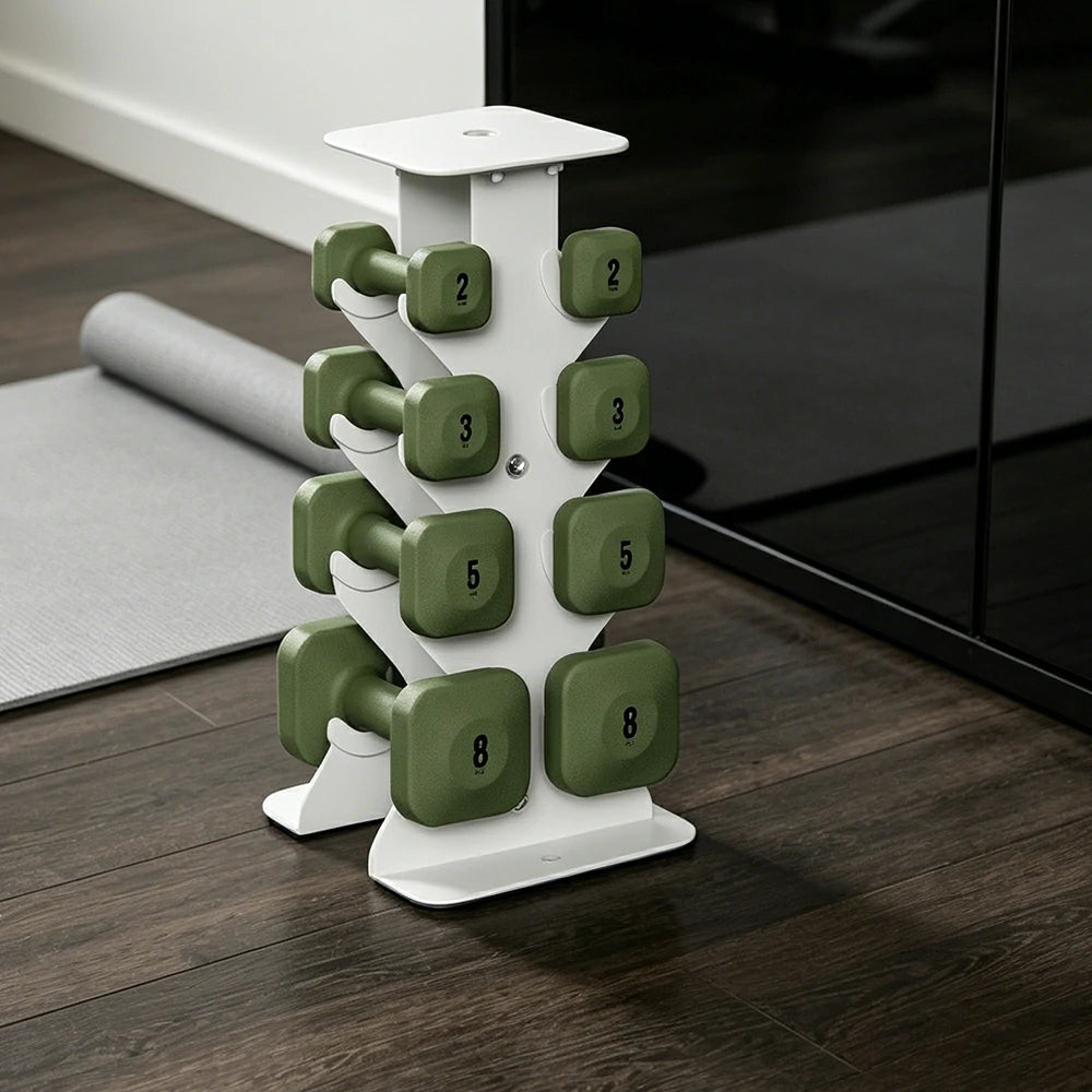 FITPRO Dumbbell Rack Set with 4 Pairs of Dumbbells and Vertical Storage for Small-Space Home Fitness - Beige&Green