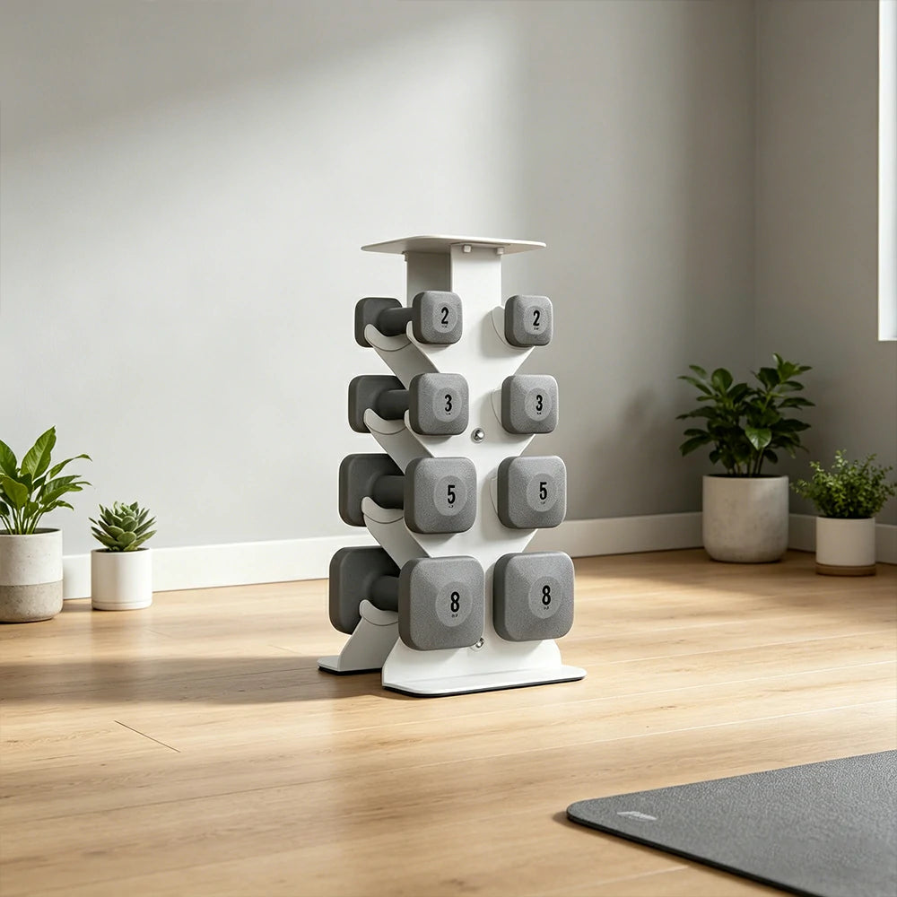 FITPRO Dumbbell Rack Set with 4 Pairs of Dumbbells and Vertical Storage for Small-Space Home Fitness - Beige&Grey
