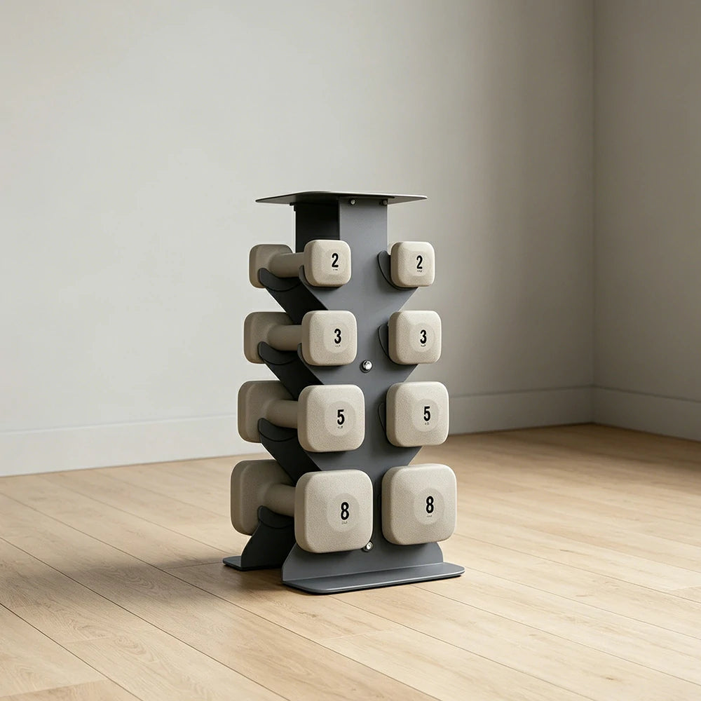 FITPRO Dumbbell Rack Set with 4 Pairs of Dumbbells and Vertical Storage for Small-Space Home Fitness - Grey&White