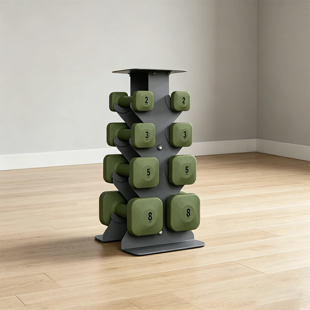 FITPRO Dumbbell Rack Set with 4 Pairs of Dumbbells and Vertical Storage for Small-Space Home Fitness - Grey&Green