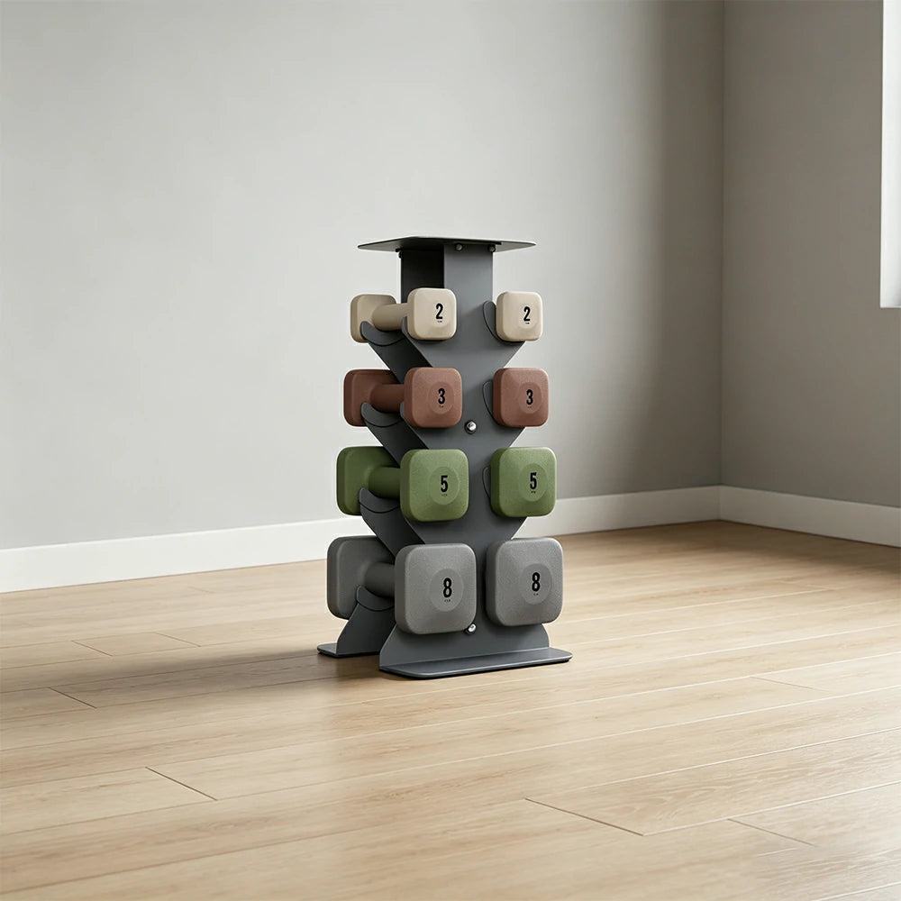 FITPRO Dumbbell Rack Set with 4 Pairs of Dumbbells and Vertical Storage for Small-Space Home Fitness - Grey&Rainbow