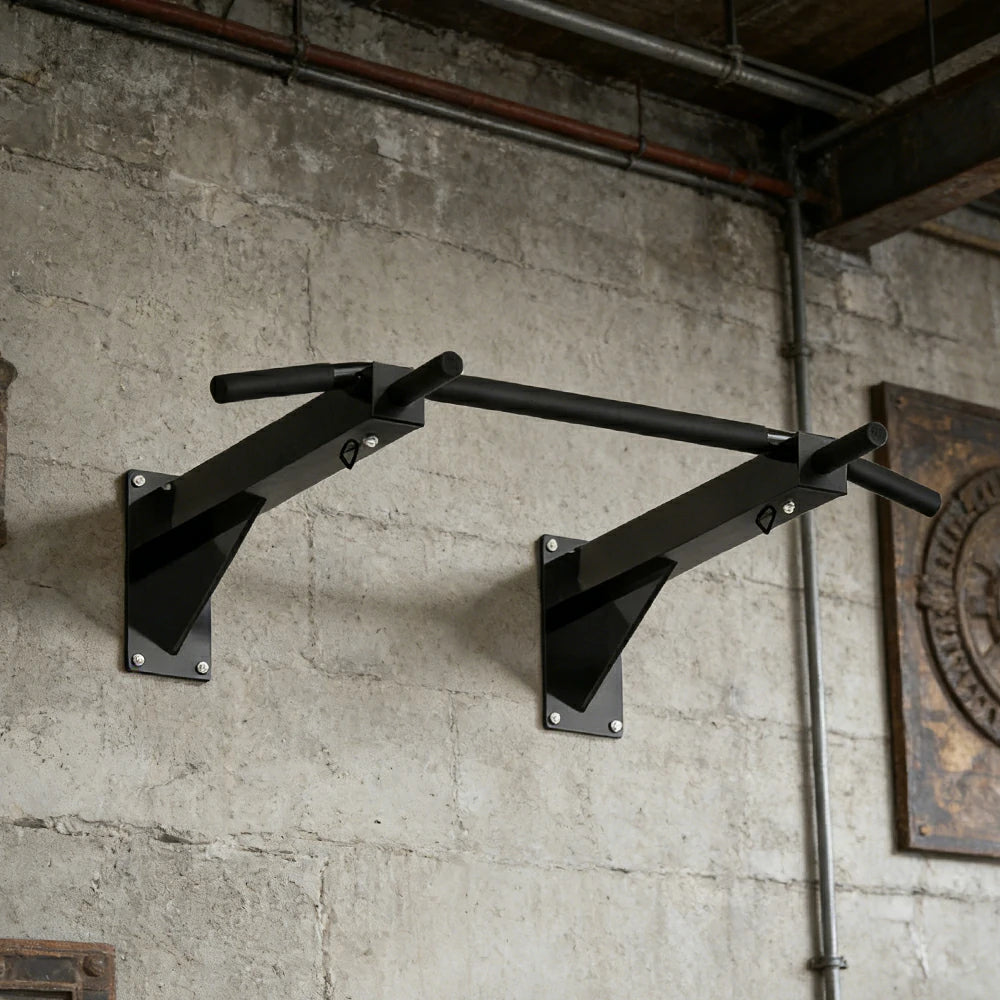 FITPRO Wall Mounted Pull Up Bar Heavy Duty Steel 200kg Capacity Space Saving Upper Body Training Home Gym - Black