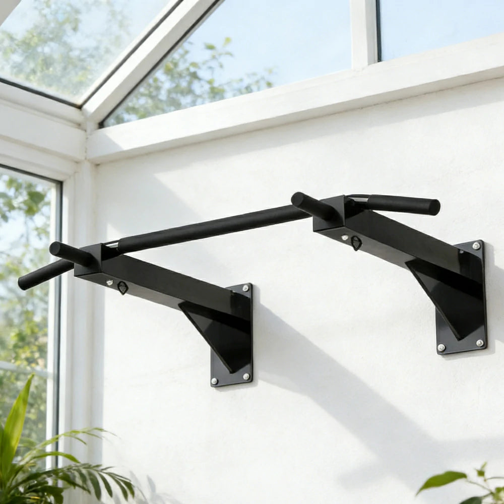 FITPRO Wall Mounted Pull Up Bar Heavy Duty Steel 200kg Capacity Space Saving Upper Body Training Home Gym - Black