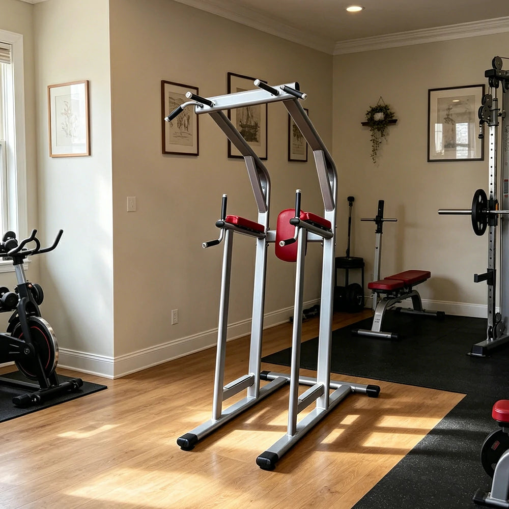 FITPRO Multi-Function Pull-Up Training Station Heavy Duty Steel Power Tower with Dip Bars Core Workout for Home Gym Garage Fitness - Silver&Red