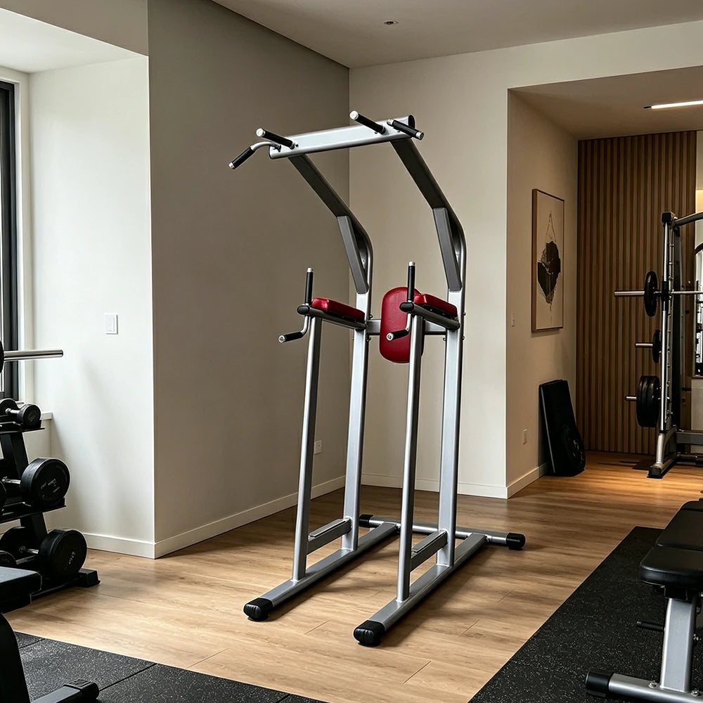 FITPRO Multi-Function Pull-Up Training Station Heavy Duty Steel Power Tower with Dip Bars Core Workout for Home Gym Garage Fitness - Silver&Red