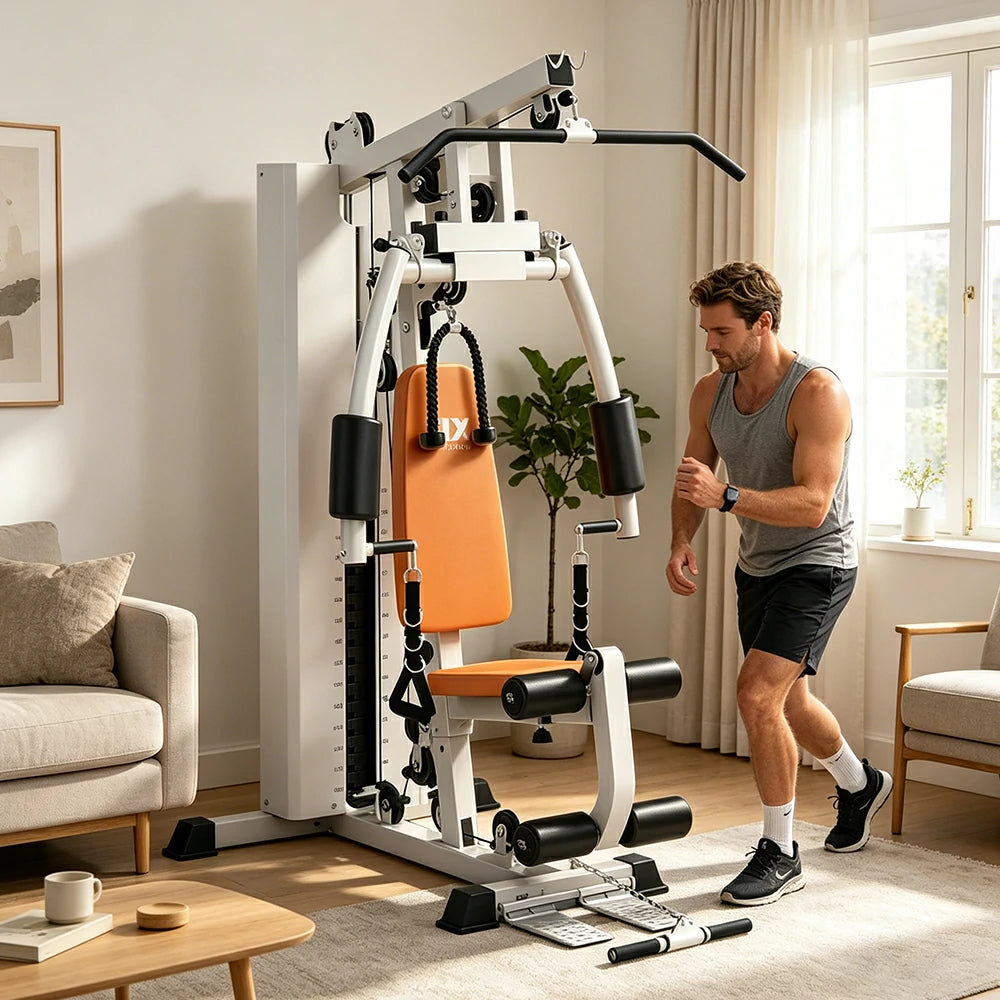 FITPRO Multi-Functional Home Gym Trainer 68KG Adjustable Weight Stack Full Body Strength Workout Small Spaces - Beige