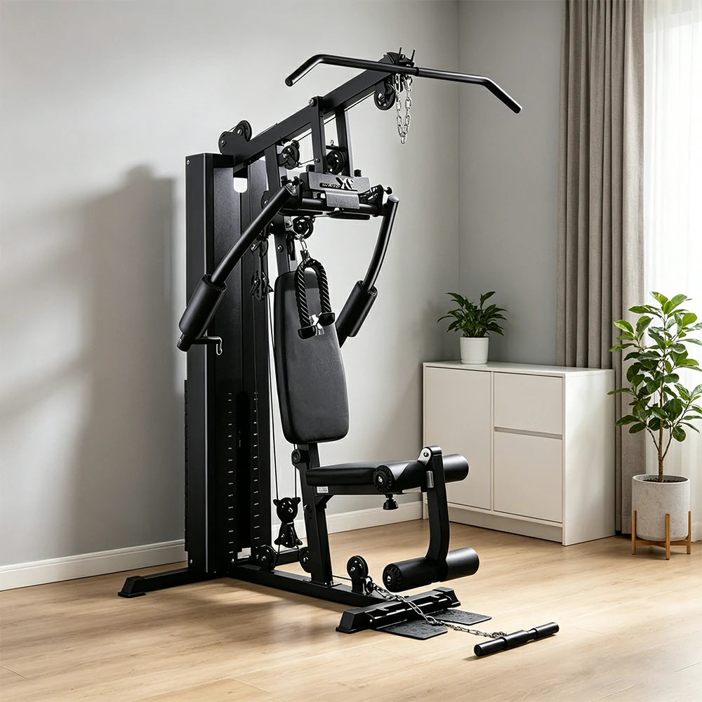 FITPRO Multi-Functional Home Gym Trainer 68KG Adjustable Weight Stack Full Body Strength Workout Small Spaces - Black