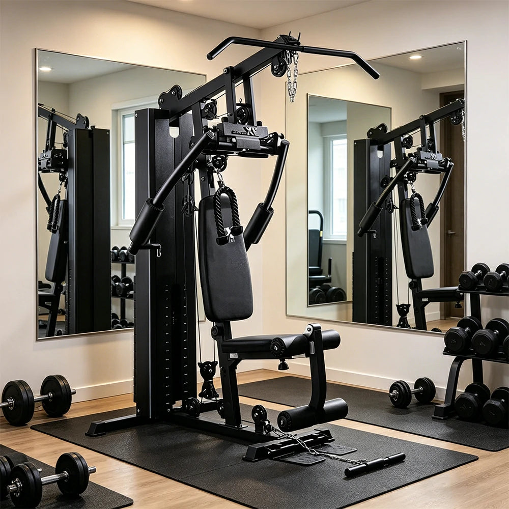 FITPRO Multi-Functional Home Gym Trainer 68KG Adjustable Weight Stack Full Body Strength Workout Small Spaces - Black