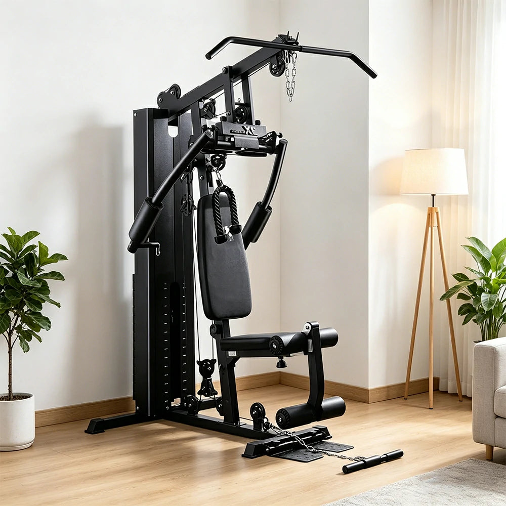 FITPRO Multi-Functional Home Gym Trainer 68KG Adjustable Weight Stack Full Body Strength Workout Small Spaces - Black