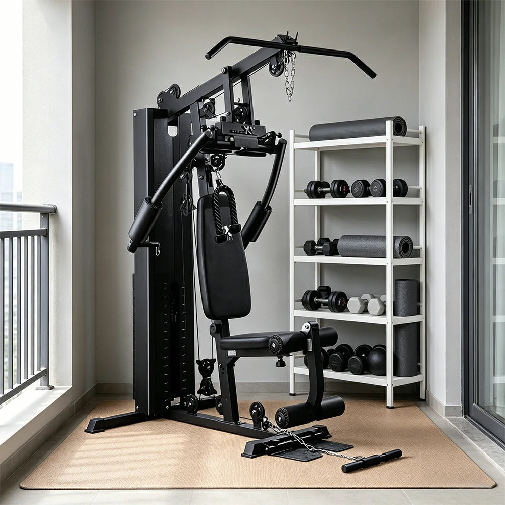 FITPRO Multi-Functional Home Gym Trainer 68KG Adjustable Weight Stack Full Body Strength Workout Small Spaces - Black
