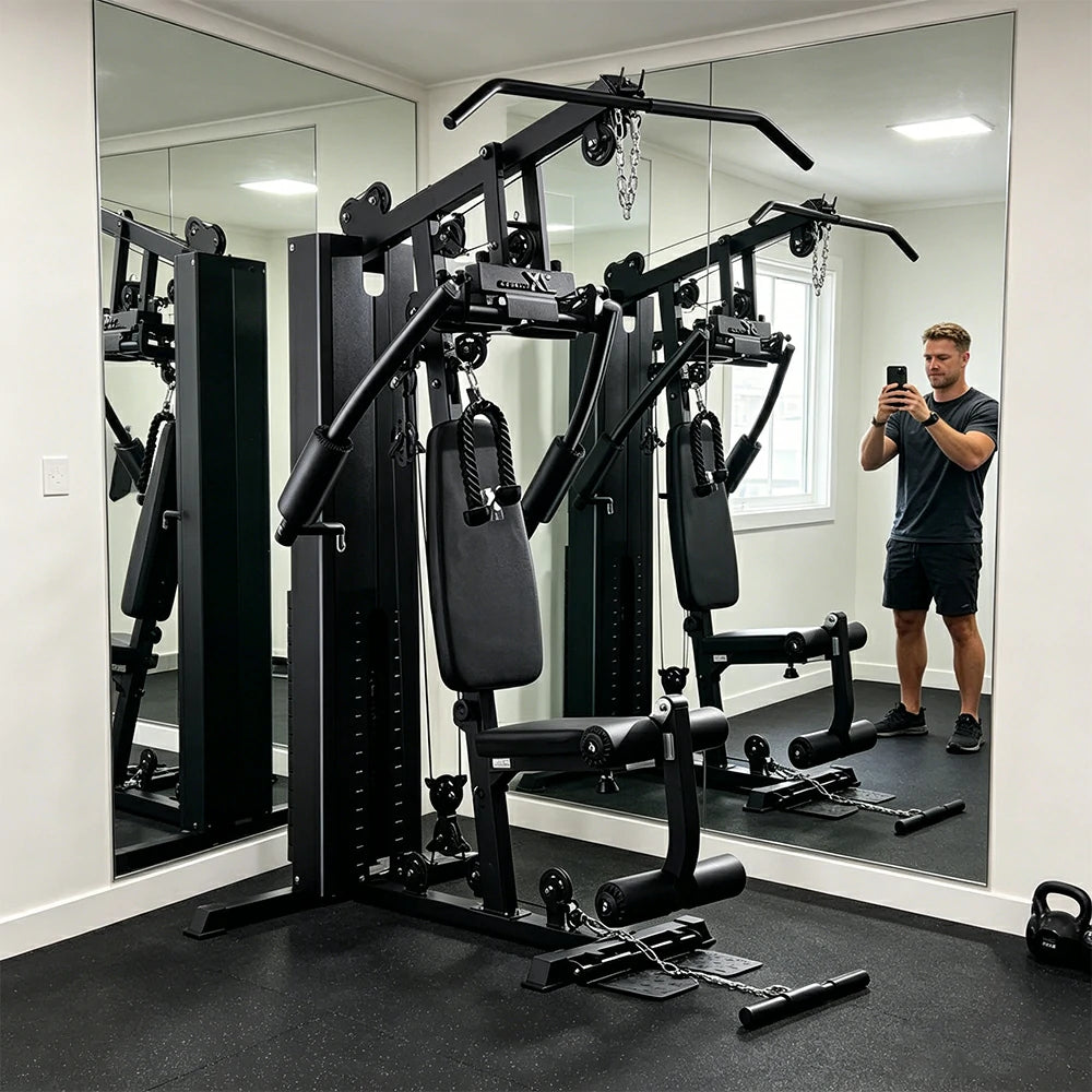FITPRO Multi-Functional Home Gym Trainer 68KG Adjustable Weight Stack Full Body Strength Workout Small Spaces - Black