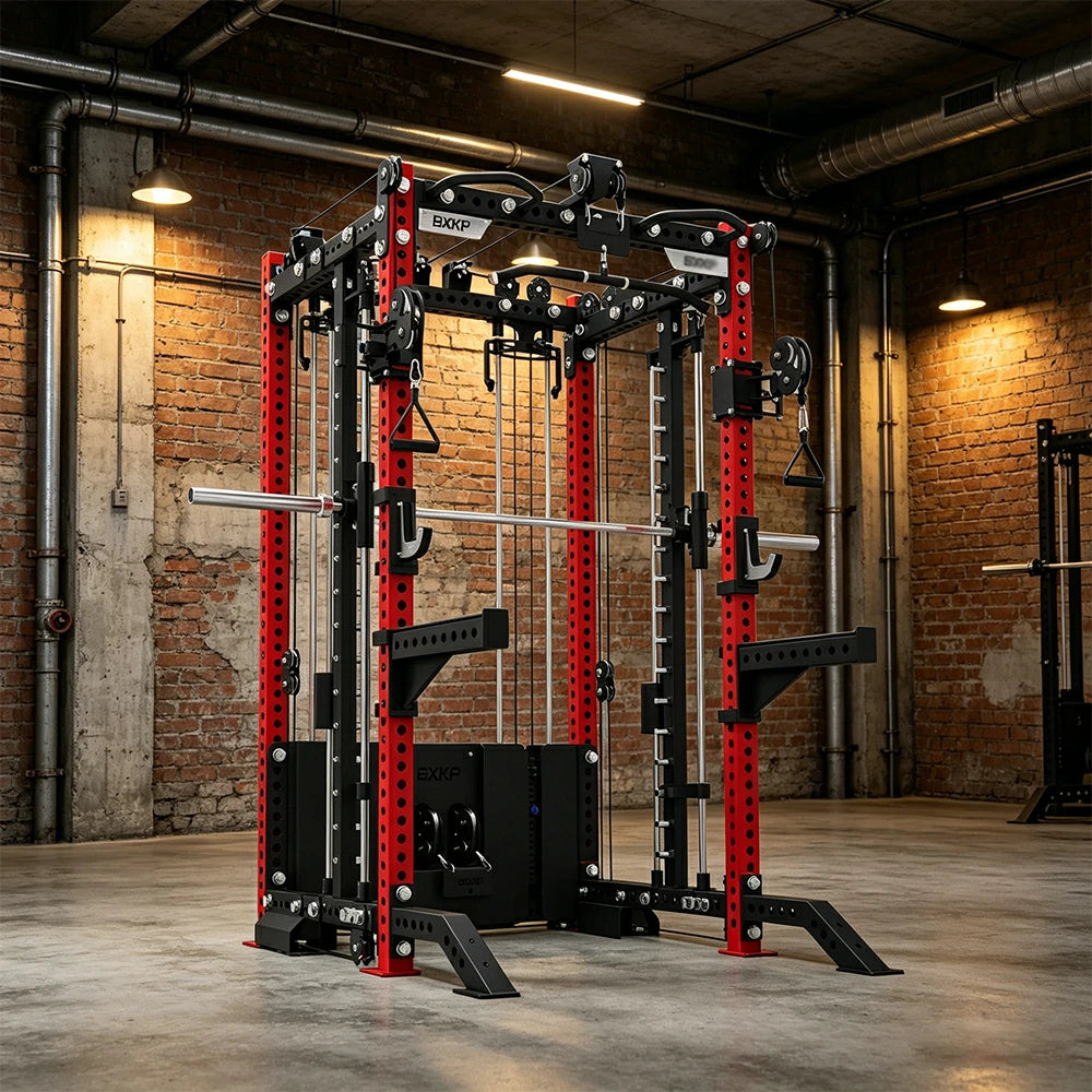 FITPRO All-in-One Smith Multifunction Power Rack 3MM Steel Precision Pulley Full Body Strength Training Home Gym - Red