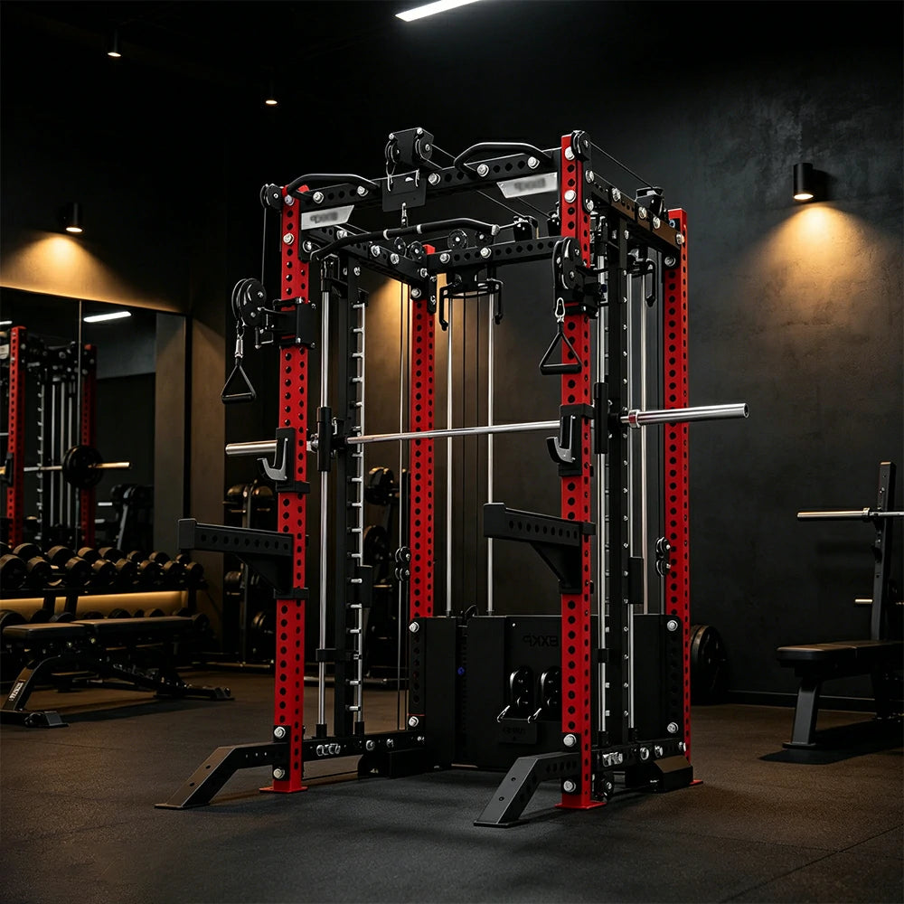 FITPRO All-in-One Smith Multifunction Power Rack 3MM Steel Precision Pulley Full Body Strength Training Home Gym - Red