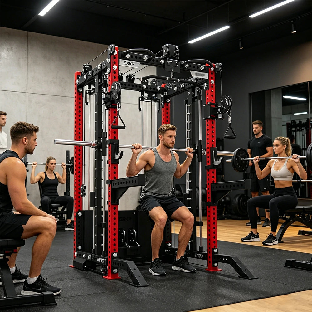 FITPRO All-in-One Smith Multifunction Power Rack 3MM Steel Precision Pulley Full Body Strength Training Home Gym - Red