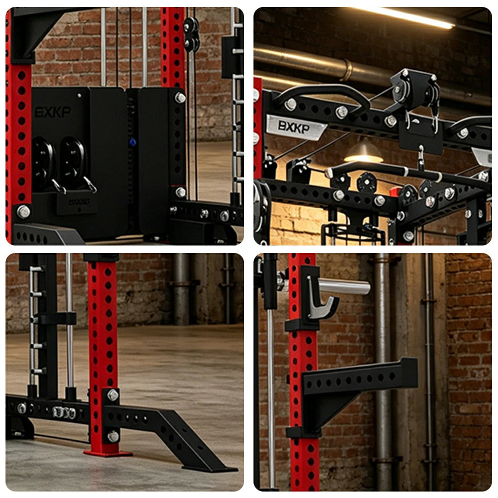 FITPRO All-in-One Smith Multifunction Power Rack 3MM Steel Precision Pulley Full Body Strength Training Home Gym - Red