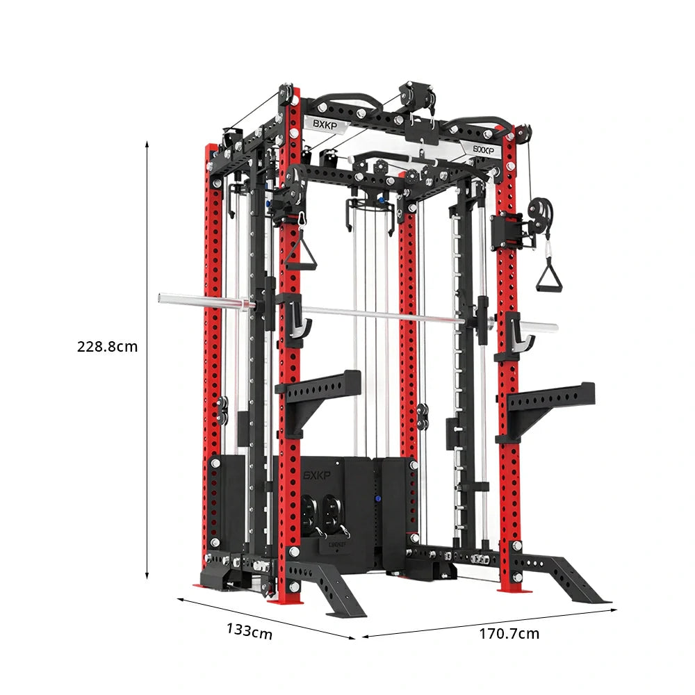 FITPRO All-in-One Smith Multifunction Power Rack 3MM Steel Precision Pulley Full Body Strength Training Home Gym - Red