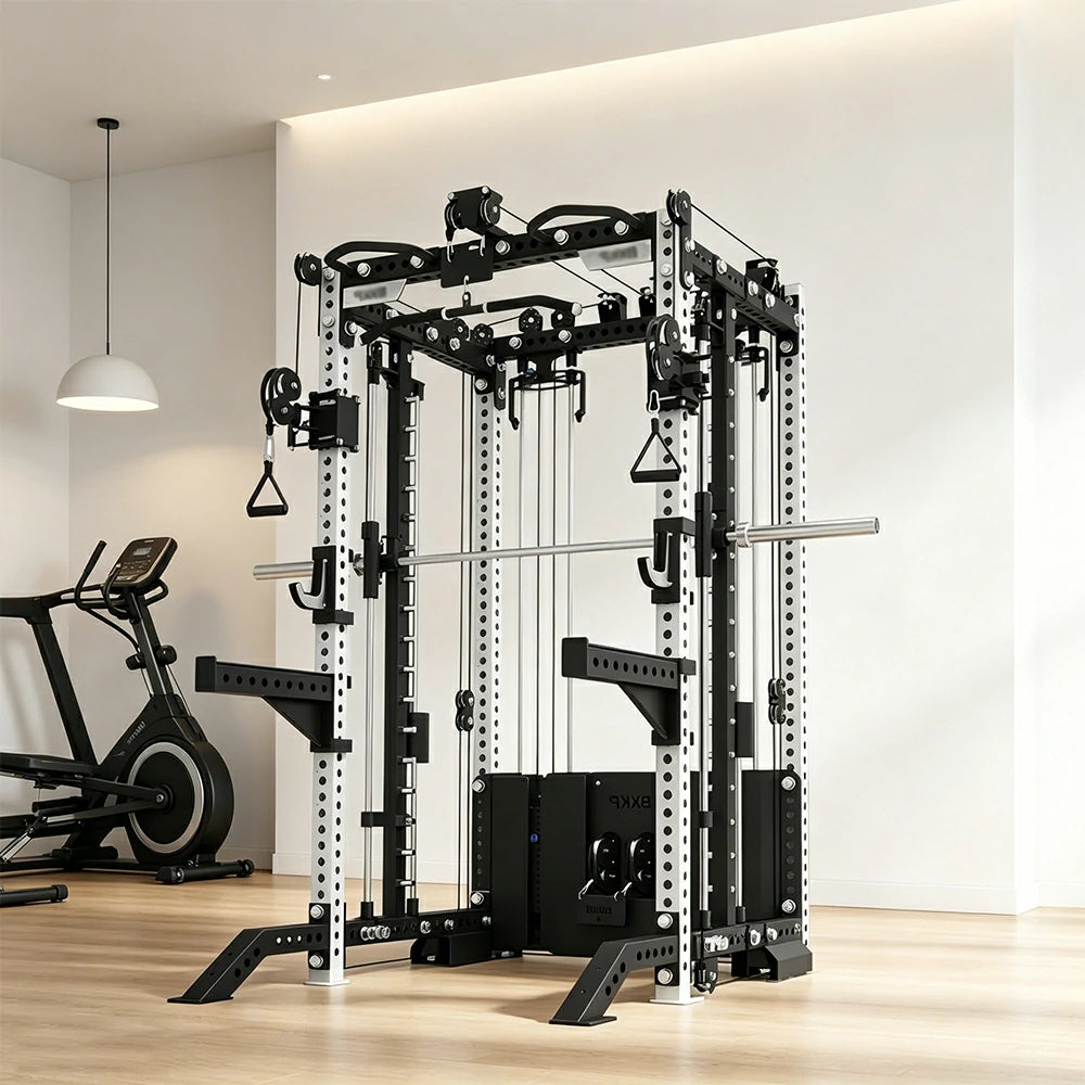 FITPRO All-in-One Smith Multifunction Power Rack 3MM Steel Precision Pulley Full Body Strength Training Home Gym - White
