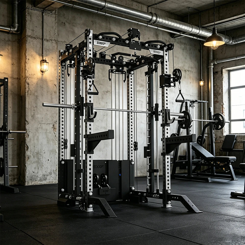FITPRO All-in-One Smith Multifunction Power Rack Stainless Steel 3MM Steel Precision Pulley Full Body Strength Training Home Gym - Silver