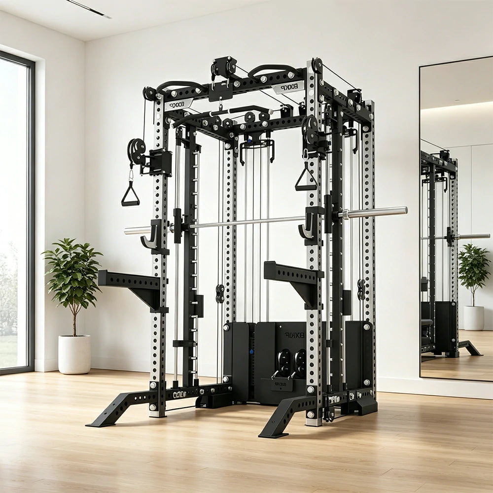 FITPRO All-in-One Smith Multifunction Power Rack Stainless Steel 3MM Steel Precision Pulley Full Body Strength Training Home Gym - Silver