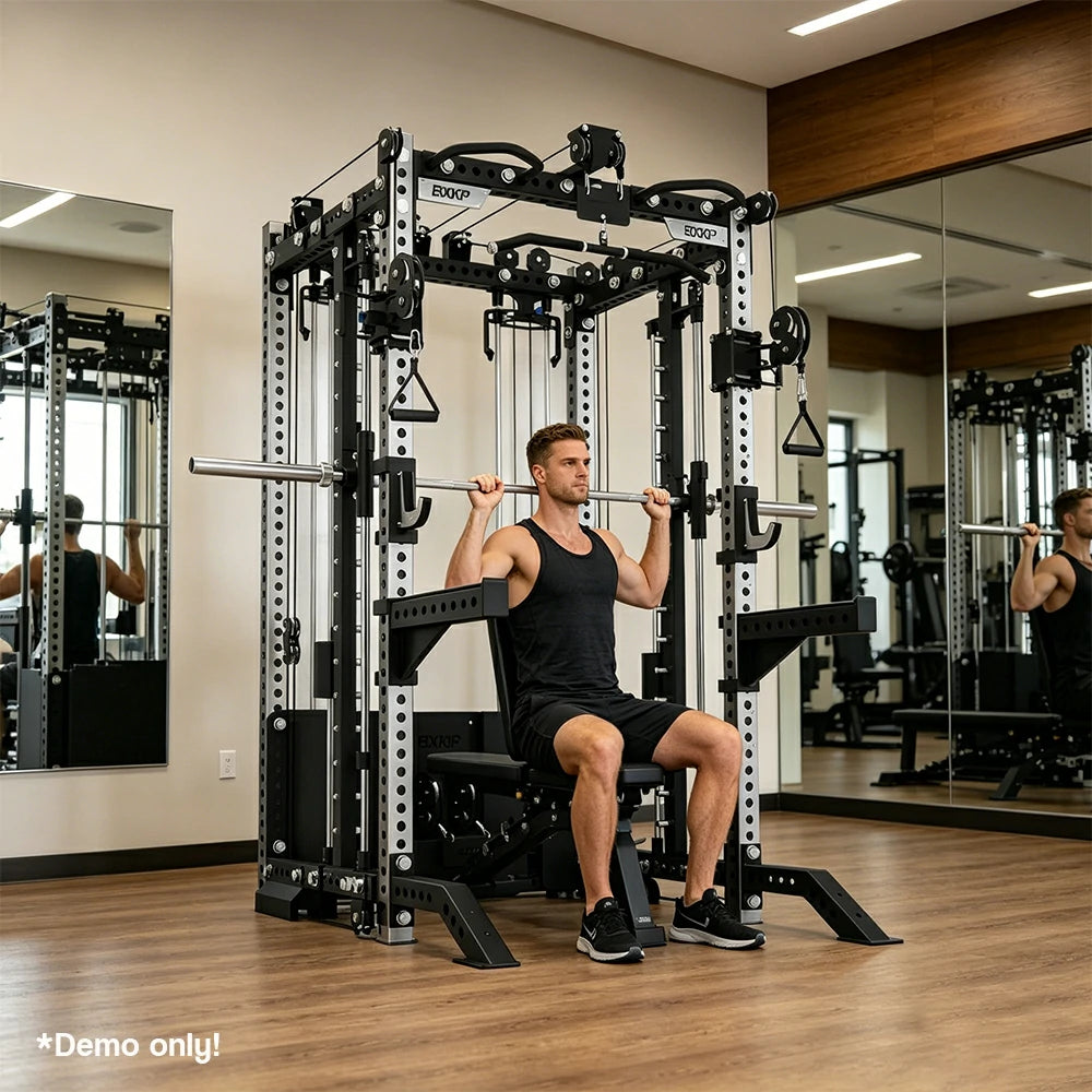 FITPRO All-in-One Smith Multifunction Power Rack Stainless Steel 3MM Steel Precision Pulley Full Body Strength Training Home Gym - Silver
