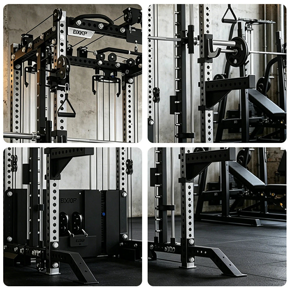 FITPRO All-in-One Smith Multifunction Power Rack Stainless Steel 3MM Steel Precision Pulley Full Body Strength Training Home Gym - Silver