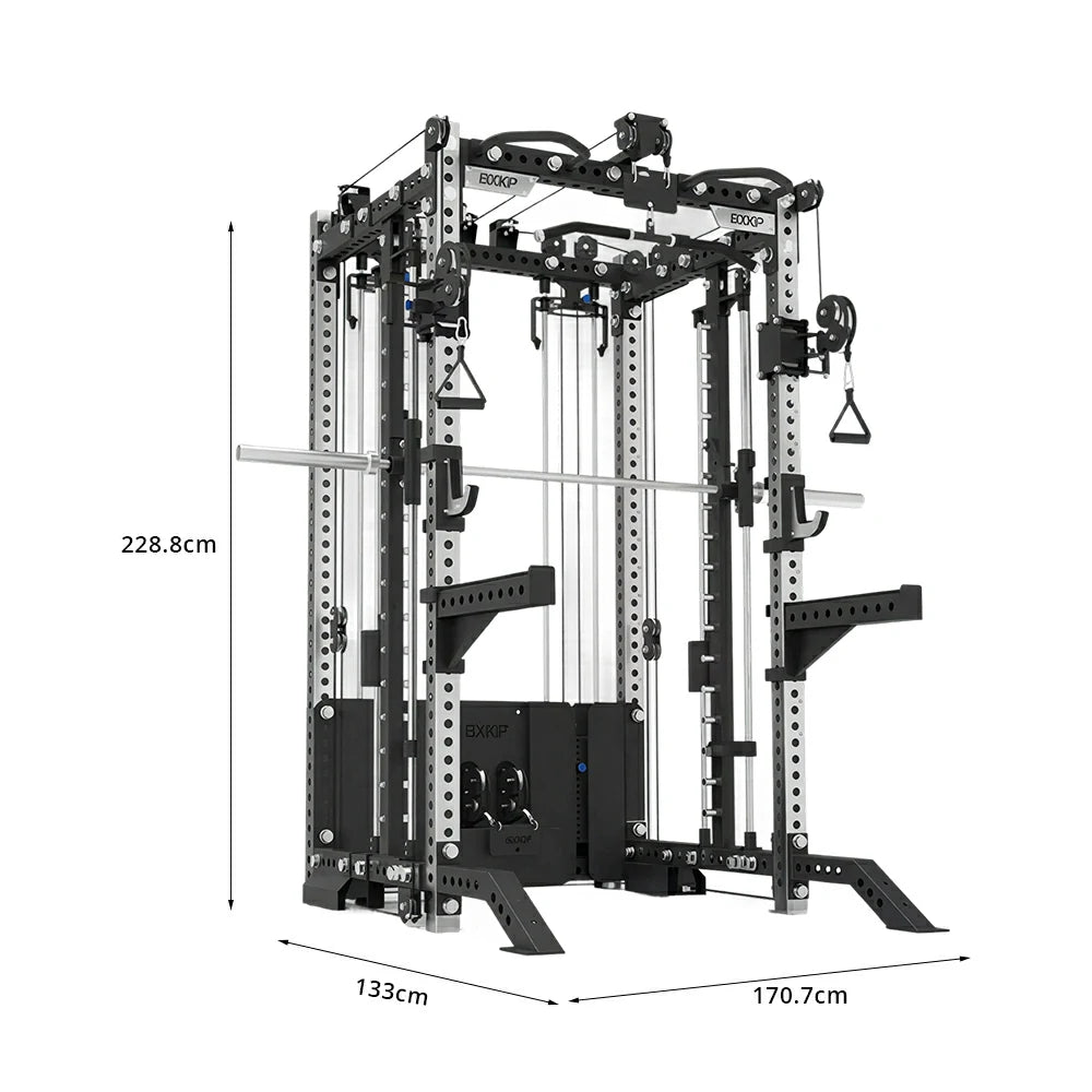 FITPRO All-in-One Smith Multifunction Power Rack Stainless Steel 3MM Steel Precision Pulley Full Body Strength Training Home Gym - Silver