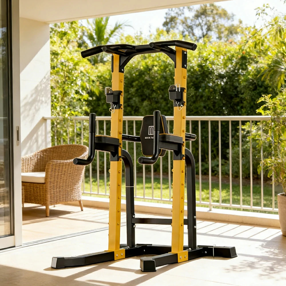 FITPRO Pull Up Station Multi-Function Training Heavy Duty Steel T-Base 206cm Home Gym Strength Equipment - Black&Yellow