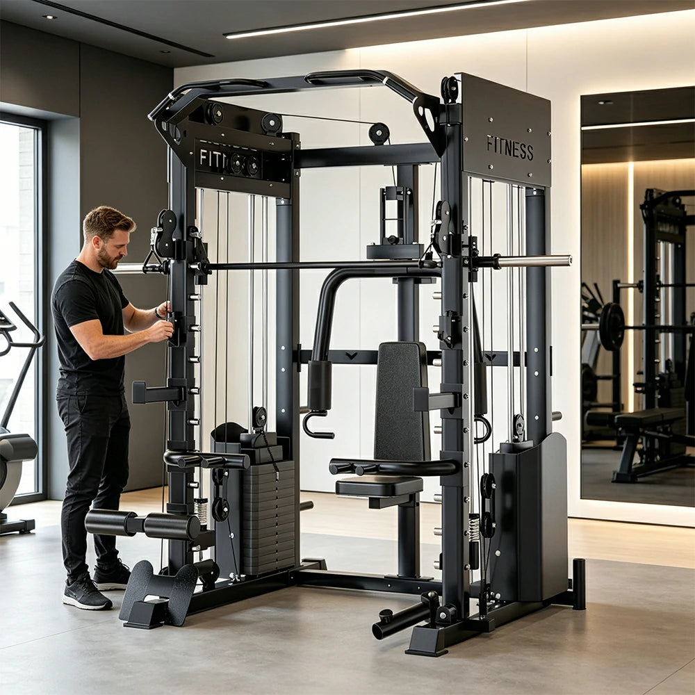 FITPRO All-in-One Smith Home Gym Dual 146KG Weight Stack Multi-Function Full Body Training Home Gym Garage - Black