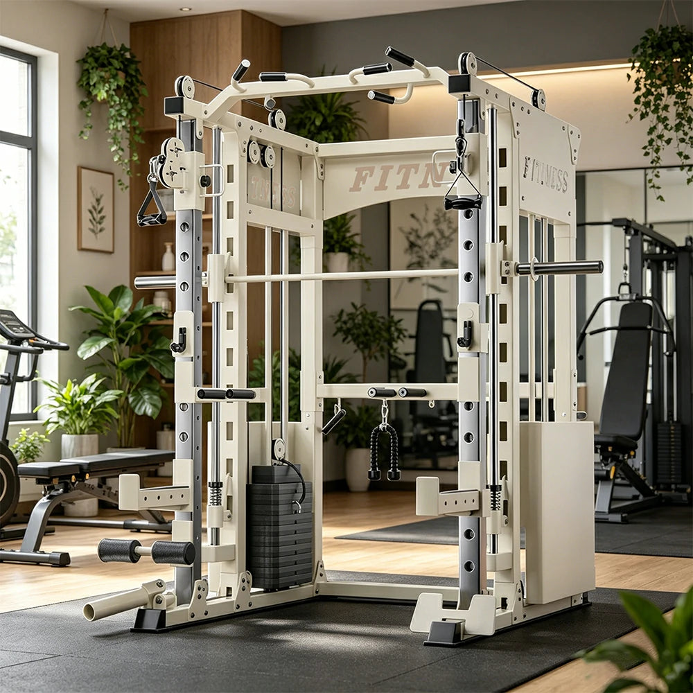 FITPRO Commercial-Grade Smith Home Gym Dual 126KG Weight Stack Multi-Function Full Body Training Home Gym Garage - White