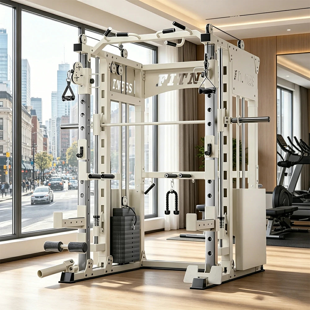FITPRO Commercial-Grade Smith Home Gym Dual 126KG Weight Stack Multi-Function Full Body Training Home Gym Garage - White