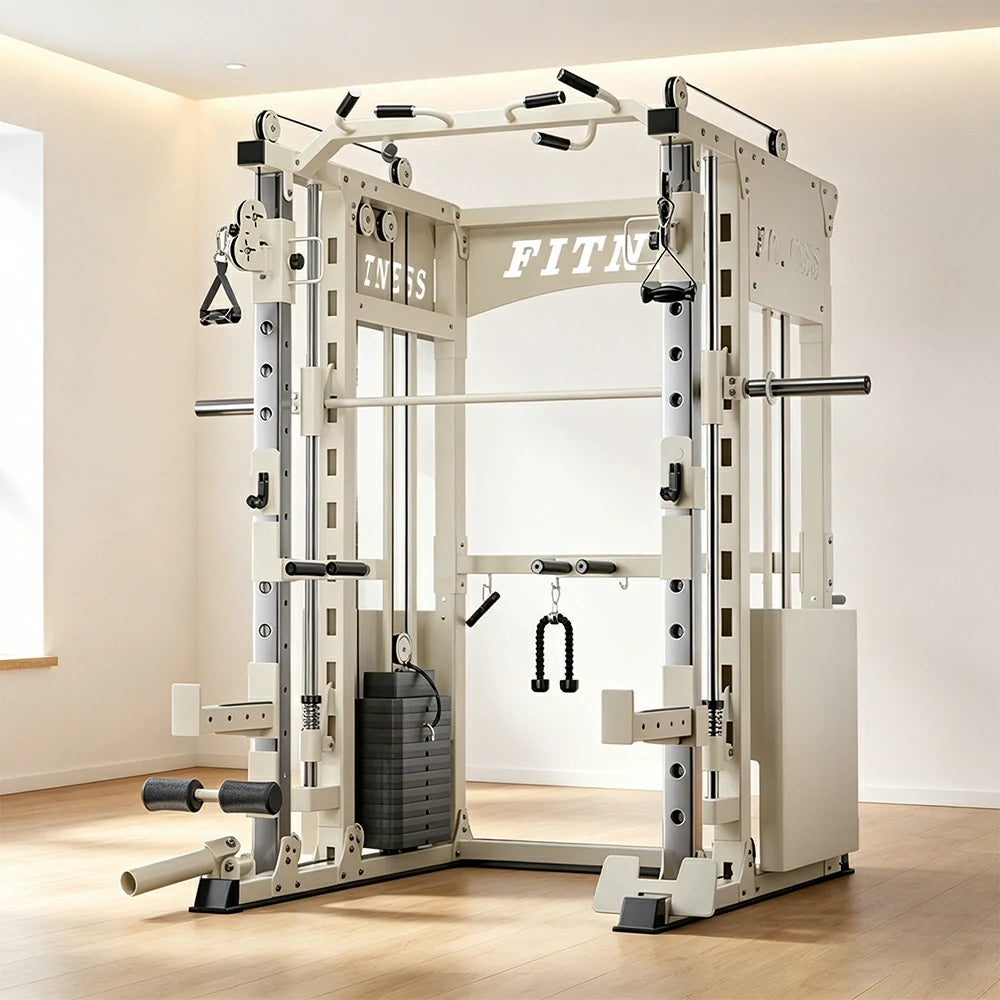 FITPRO Commercial-Grade Smith Home Gym Dual 126KG Weight Stack Multi-Function Full Body Training Home Gym Garage - White