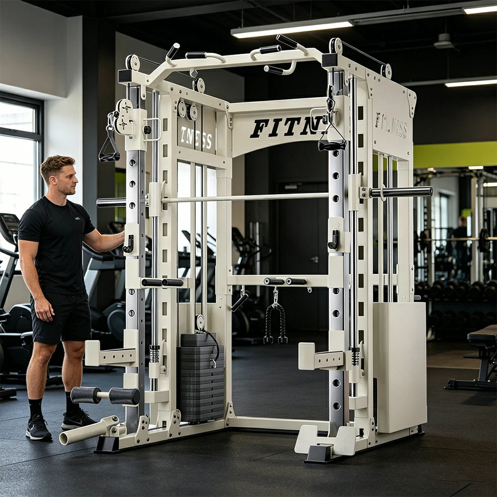 FITPRO Commercial-Grade Smith Home Gym Dual 126KG Weight Stack Multi-Function Full Body Training Home Gym Garage - White