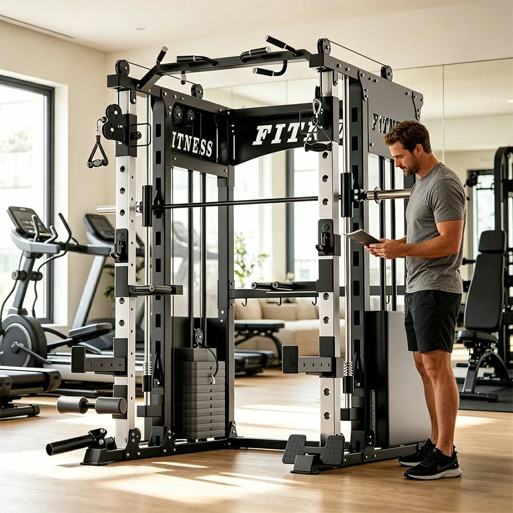 FITPRO Commercial-Grade Smith Home Gym Dual 126KG Weight Stack Multi-Function Full Body Training Home Gym Garage - Black