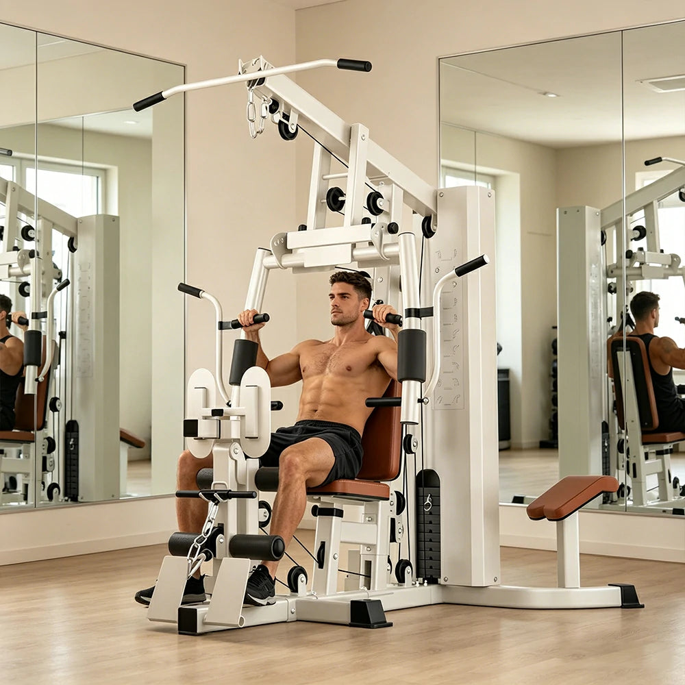 FITPRO Compact All-in-One Home Gym Trainer 65KG Weight Stack Multi-Function Full Body Strength Training Home Gym Balcony - White